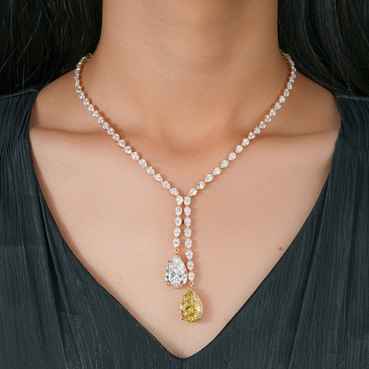 Pear Diamond Y Necklace with White and Yellow Drop