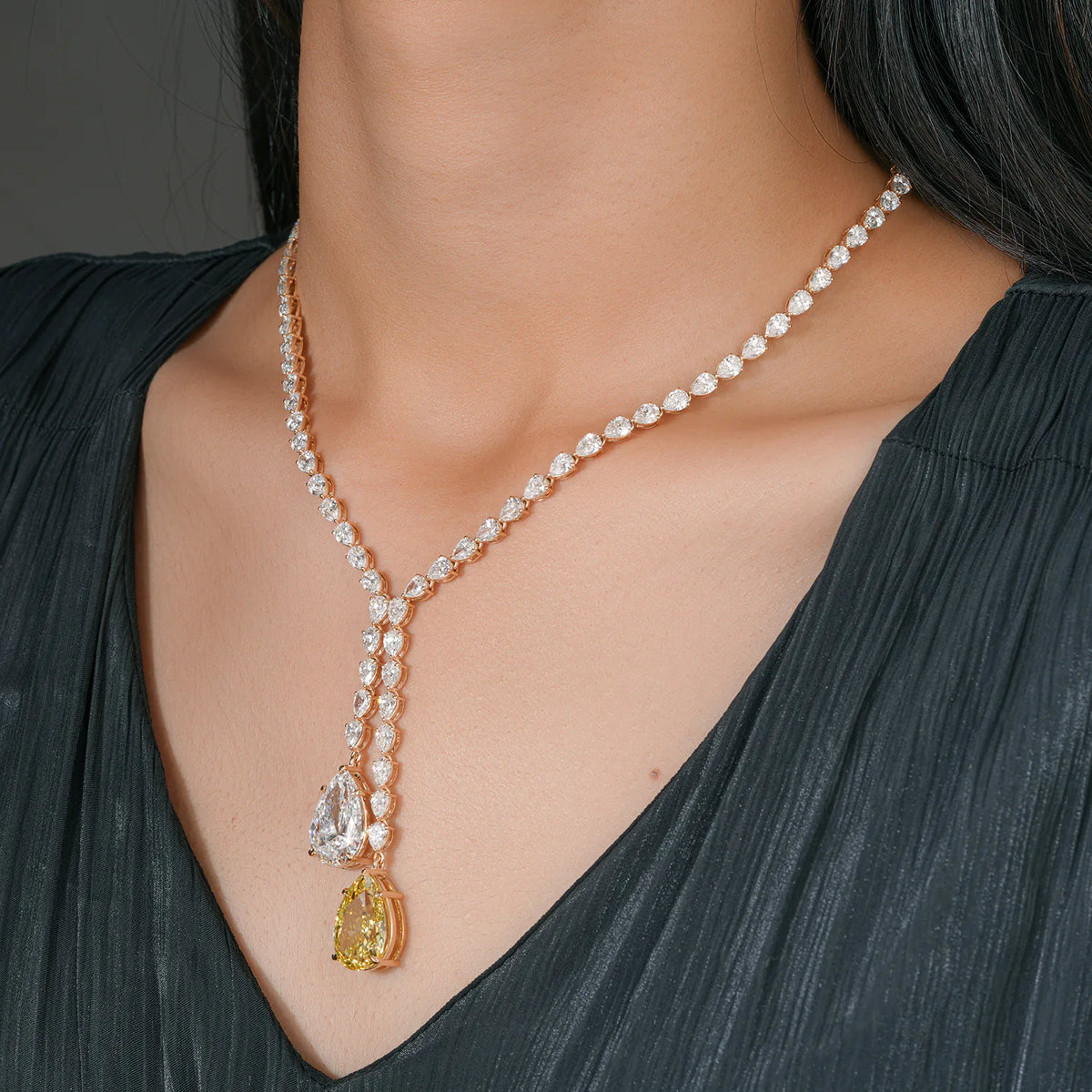 Pear Diamond Y Necklace with White and Yellow Drop