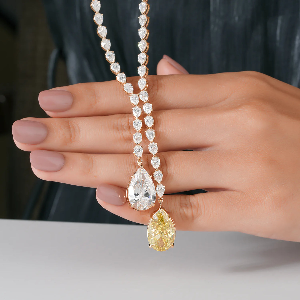 Pear Diamond Y Necklace with White and Yellow Drop