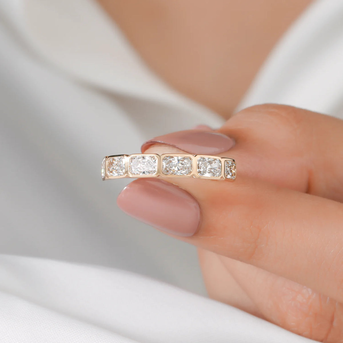 Horizontal Radiant Cut Lab Grown Diamond Bezel Set Half-Eternity Band