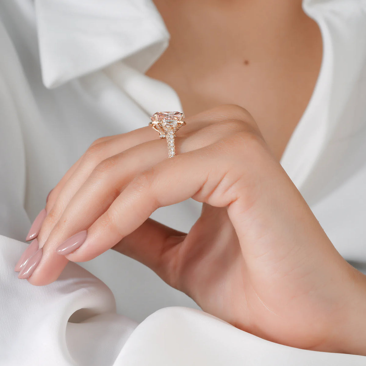Elongated Cushion Cut Lab Grown Diamond Halo Three Stone Engagement Ring with Trapezoid Side Diamonds and Pave Band in Gold or Platinum