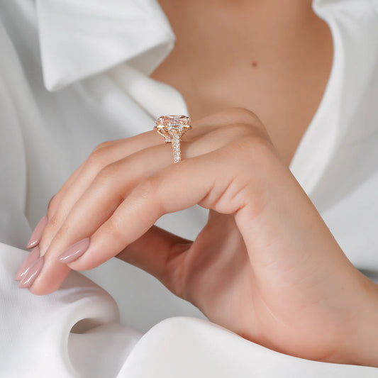Elongated Cushion Cut Lab Grown Diamond Halo Three Stone Engagement Ring with Trapezoid Side Diamonds and Pave Band in Gold or Platinum