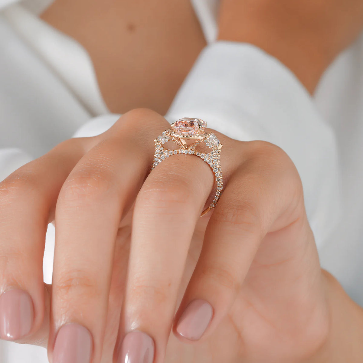 Elongated Cushion Cut Lab Grown Diamond Halo Three Stone Engagement Ring with Trapezoid Side Diamonds and Pave Band in Gold or Platinum