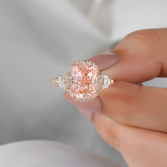 Elongated Cushion Cut Lab Grown Diamond Halo Three Stone Engagement Ring with Trapezoid Side Diamonds and Pave Band in Gold or Platinum