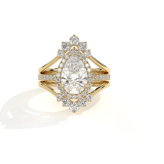 Pear Halo Diamond 3-Piece Ring Set - Statement Crown Design