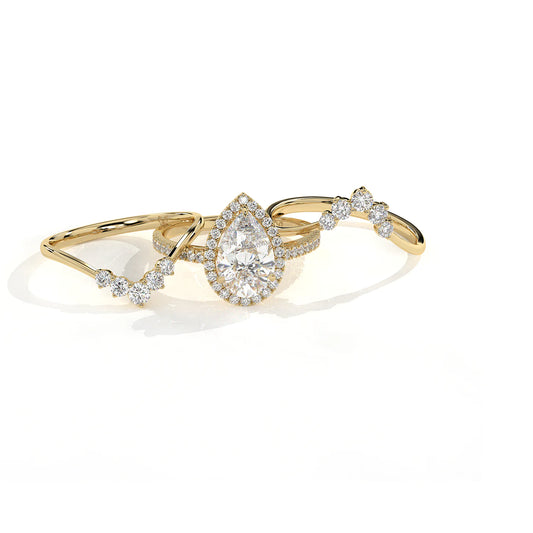 Pear Halo Diamond 3-Piece Ring Set - Statement Crown Design