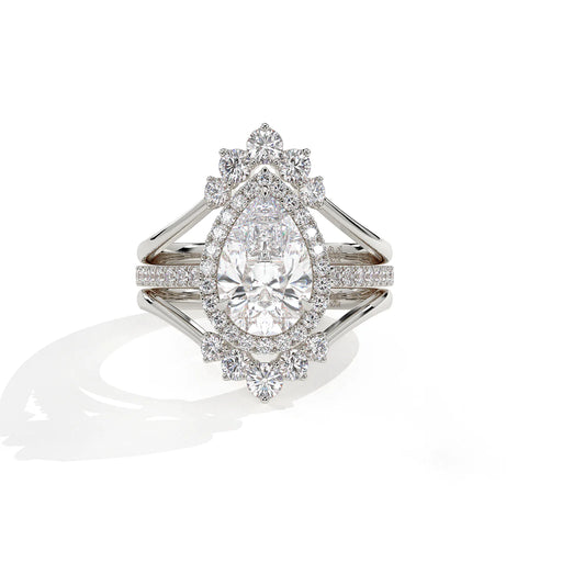 Pear Halo Diamond 3-Piece Ring Set - Statement Crown Design