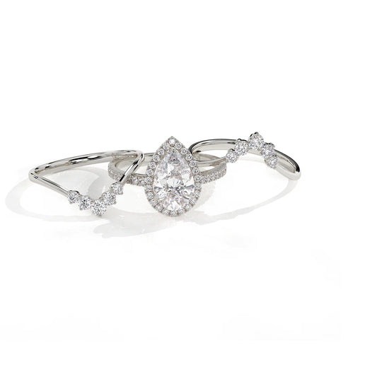 Pear Halo Diamond 3-Piece Ring Set - Statement Crown Design