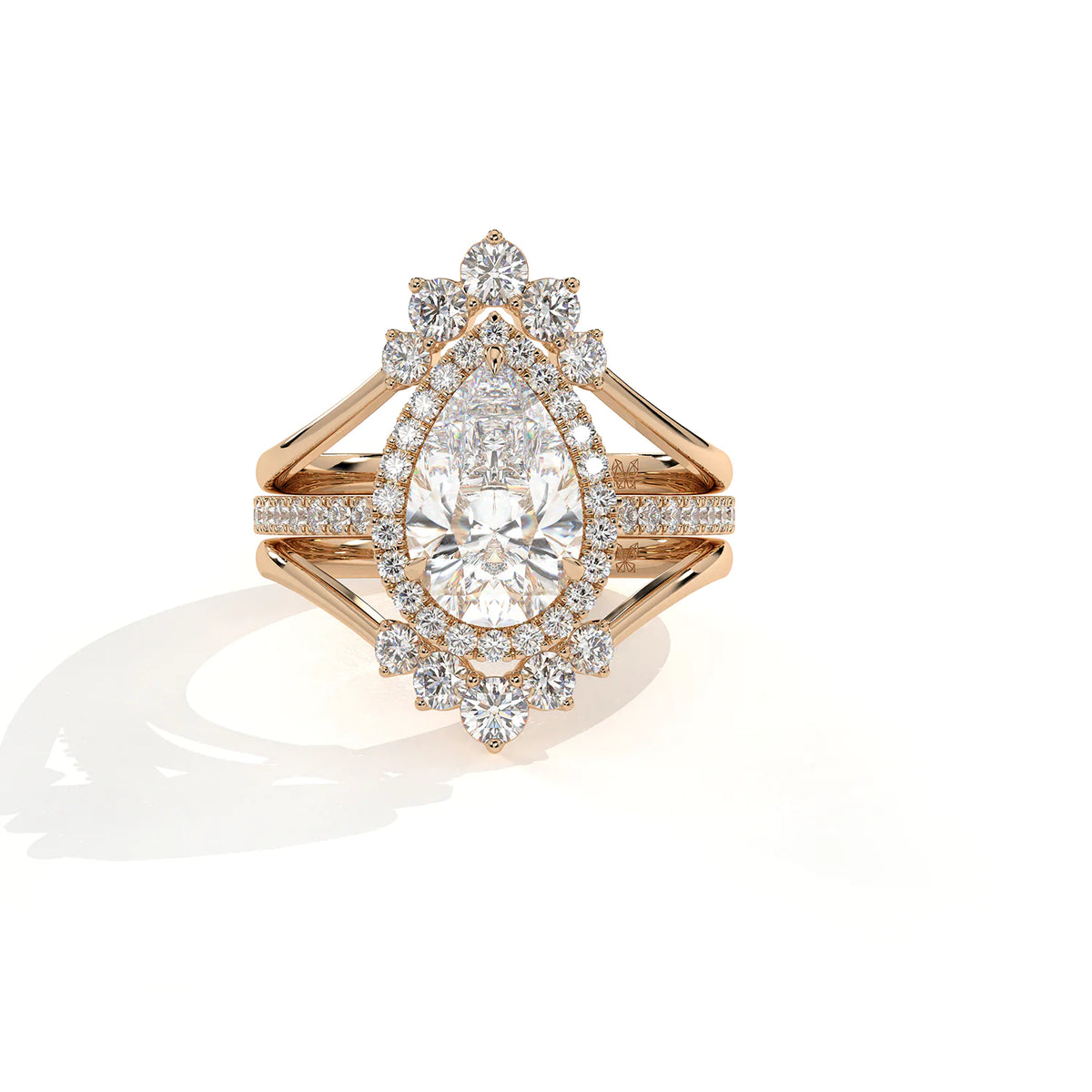 Pear Halo Diamond 3-Piece Ring Set - Statement Crown Design