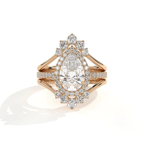 Pear Halo Diamond 3-Piece Ring Set - Statement Crown Design