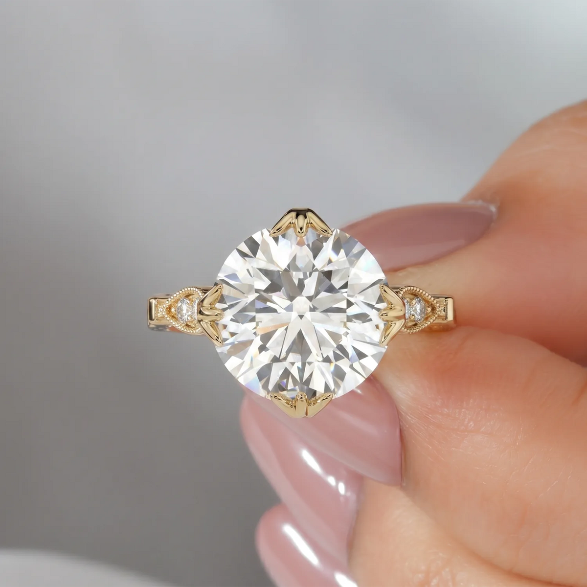 Round Lab Grown Diamond Fleur-de-Lis Prong Vintage Engagement Ring with Milgrain Marquise Accents in Gold or Platinum