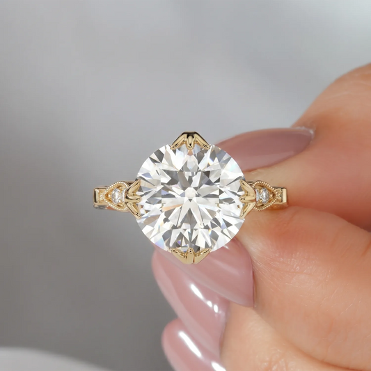 Round Lab Grown Diamond Fleur-de-Lis Prong Vintage Engagement Ring with Milgrain Marquise Accents in Gold or Platinum