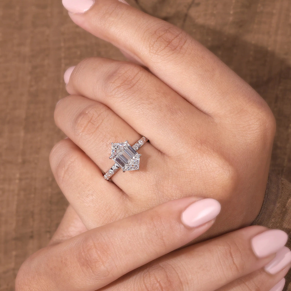 Elongated Hexagon Cut Diamond Engagement Ring with Hidden Halo