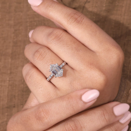 Elongated Hexagon Cut Diamond Engagement Ring with Hidden Halo