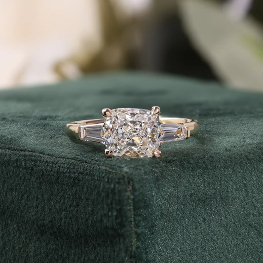 Cushion Cut Diamond Three Stone Ring with Tapered Baguettes