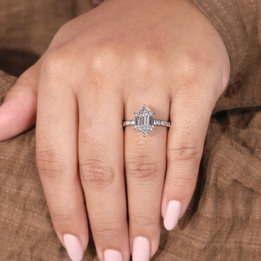 Elongated Hexagon Cut Diamond Engagement Ring with Hidden Halo