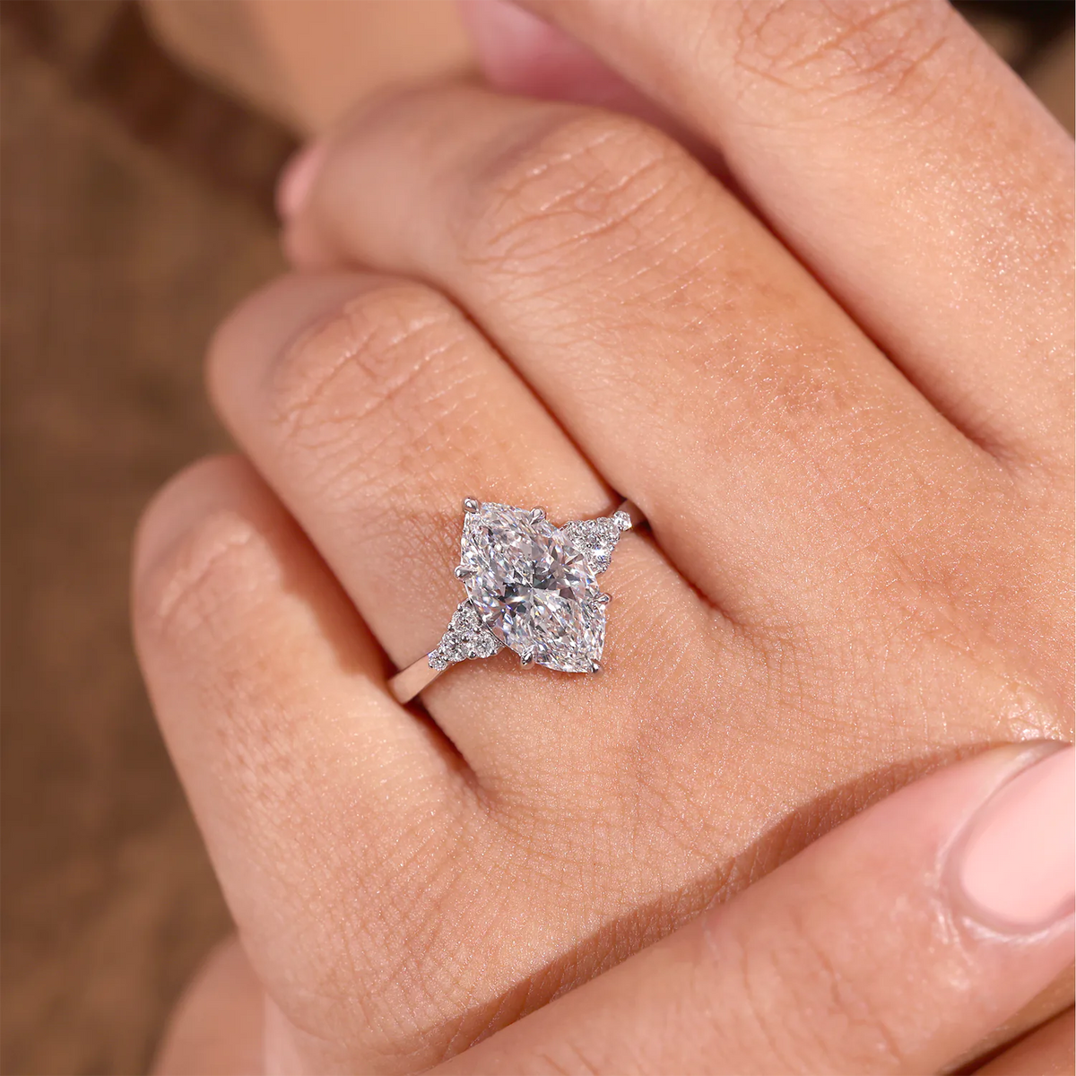 Marquise Lab Grown Diamond Ring, Round Diamond Cluster Side Stones