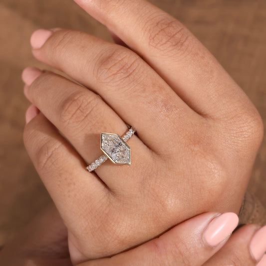 Bezel Set Elongated Hexagon Diamond Engagement Ring