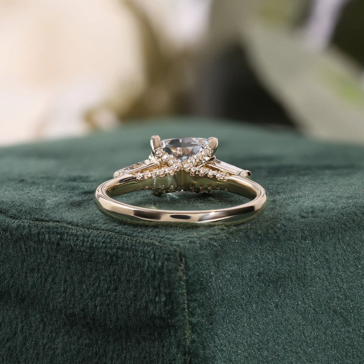Cushion Cut Diamond Three Stone Ring with Tapered Baguettes