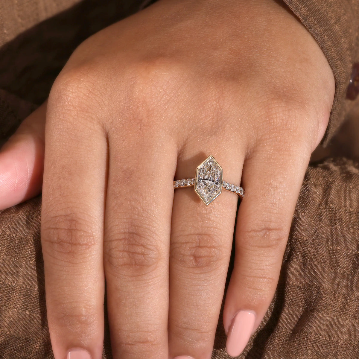 Bezel Set Elongated Hexagon Diamond Engagement Ring
