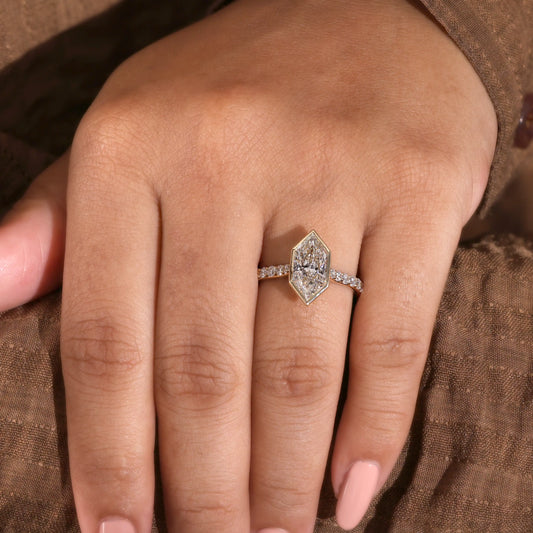 Bezel Set Elongated Hexagon Diamond Engagement Ring