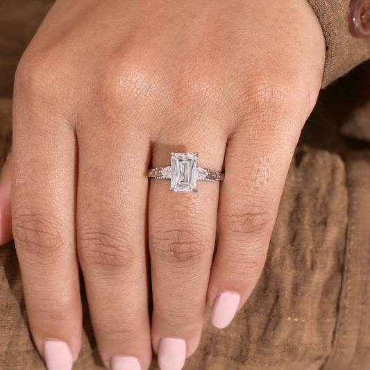 Radiant Cut Diamond Ring with Pear Side Stones, Quilted Ring