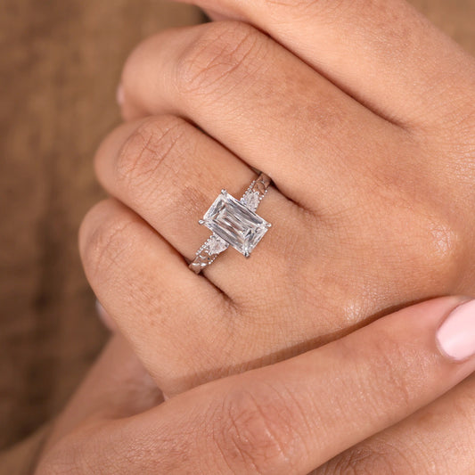Radiant Cut Diamond Ring with Pear Side Stones, Quilted Ring
