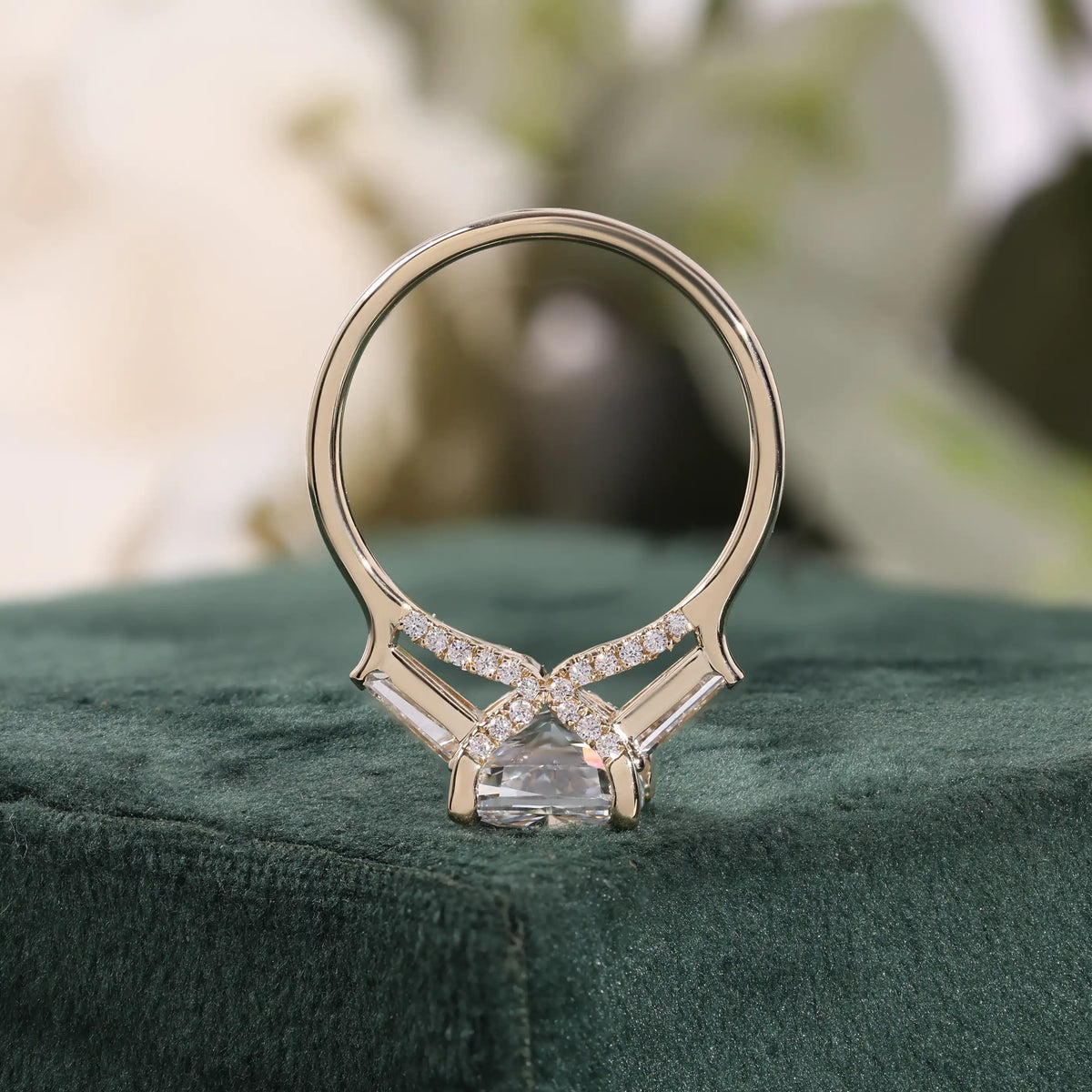 Cushion Cut Diamond Three Stone Ring with Tapered Baguettes