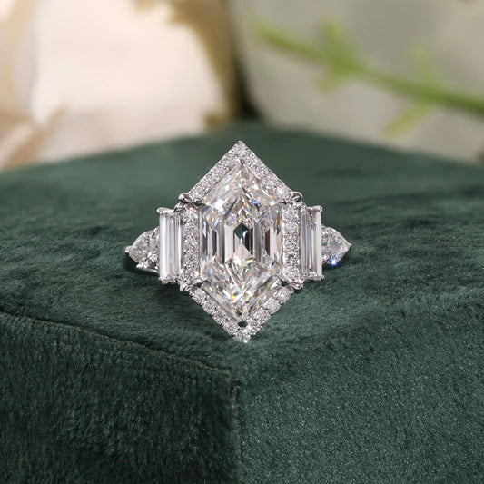 Hexagon Cut Diamond Halo Ring with Trapezoid and Pear Side Stones