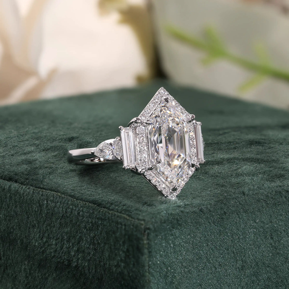 Hexagon Cut Diamond Halo Ring with Trapezoid and Pear Side Stones