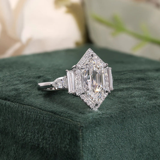 Hexagon Cut Diamond Halo Ring with Trapezoid and Pear Side Stones