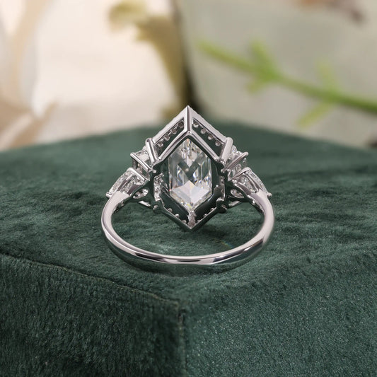 Hexagon Cut Diamond Halo Ring with Trapezoid and Pear Side Stones