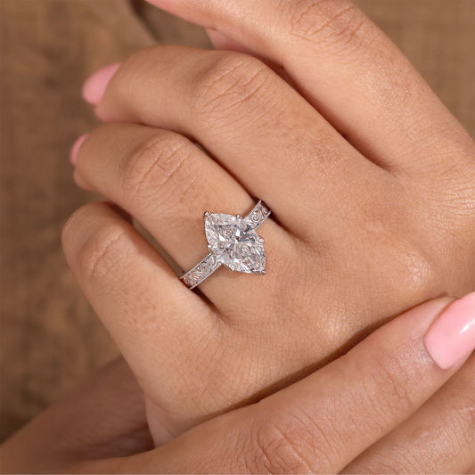 Marquise Cut Lab Grown Diamond Ring with Hand Engraved Vintage Ring