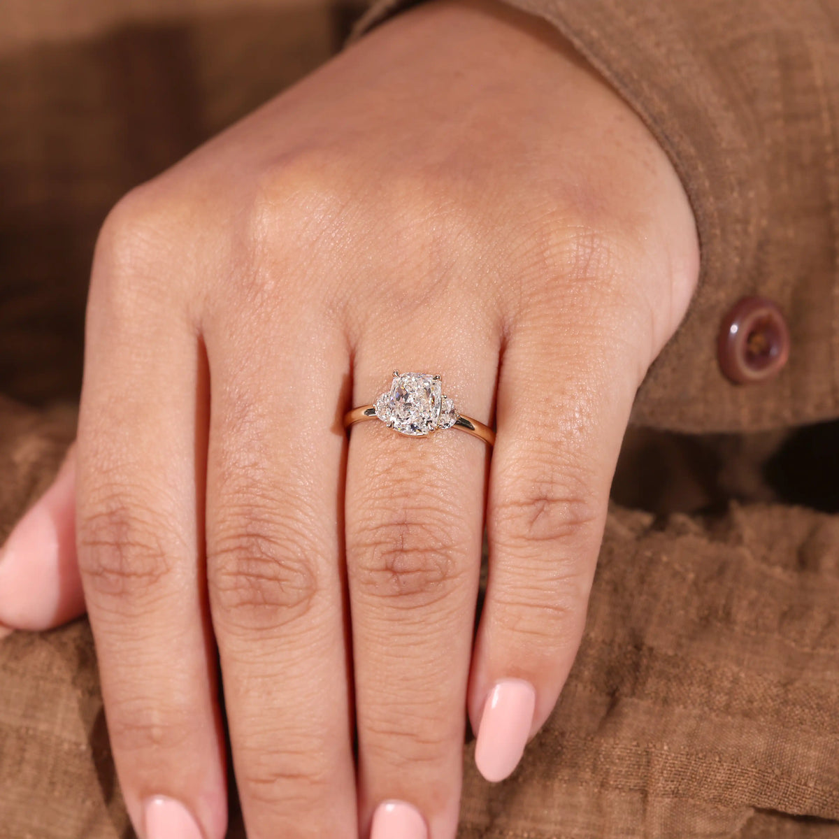 Elongated Cushion Lab Grown Diamond Ring, Half Moon Side Stones, Plain Ring