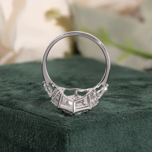 Hexagon Cut Diamond Halo Ring with Trapezoid and Pear Side Stones