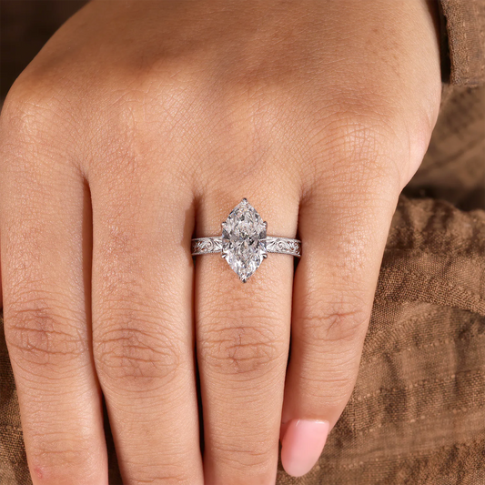 Marquise Cut Lab Grown Diamond Ring with Hand Engraved Vintage Ring