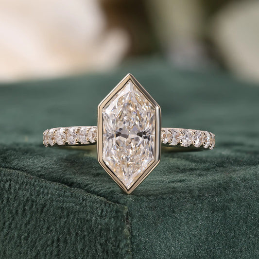 Bezel Set Elongated Hexagon Diamond Engagement Ring