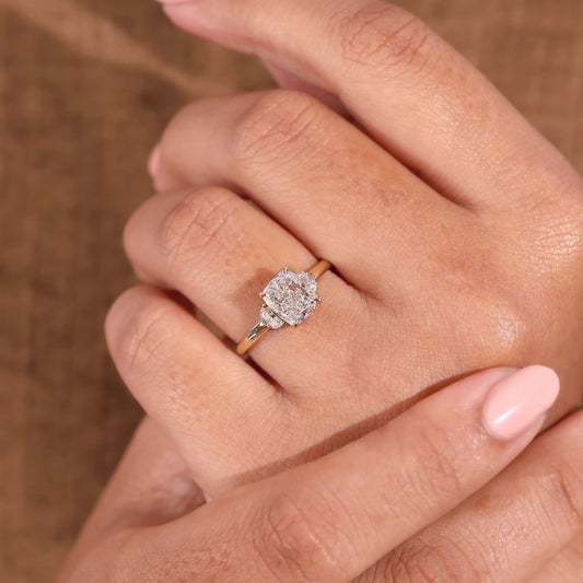 Elongated Cushion Lab Grown Diamond Ring, Half Moon Side Stones, Plain Ring