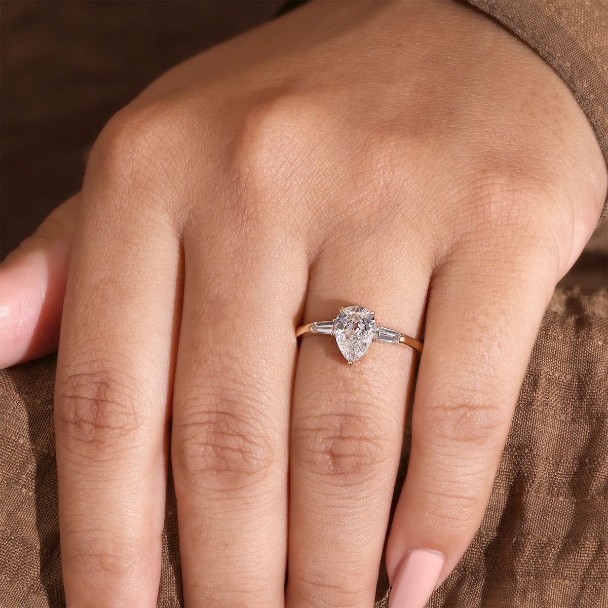 Pear Lab Grown Diamond Engagement Ring, Tapered Baguette Side Stones