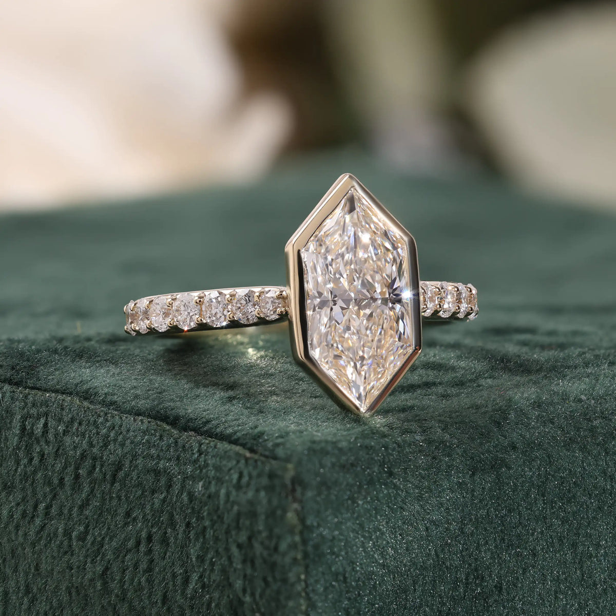 Bezel Set Elongated Hexagon Diamond Engagement Ring