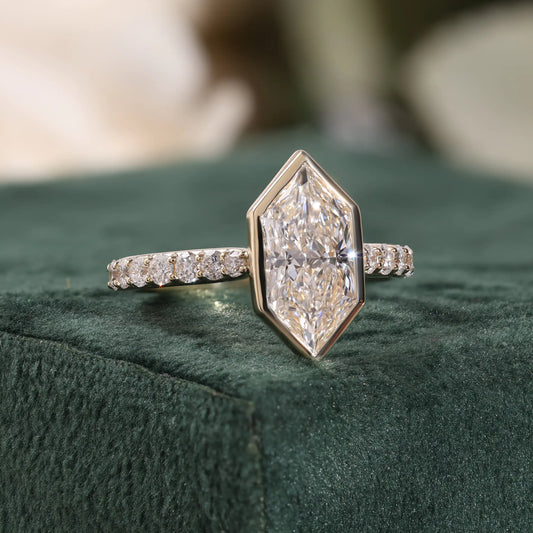 Bezel Set Elongated Hexagon Diamond Engagement Ring
