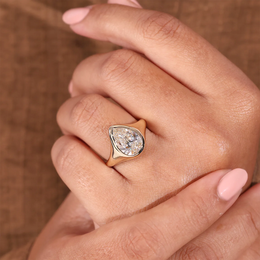Pear Cut Lab Grown Diamond Flush Bezel Signet Style Engagement Ring