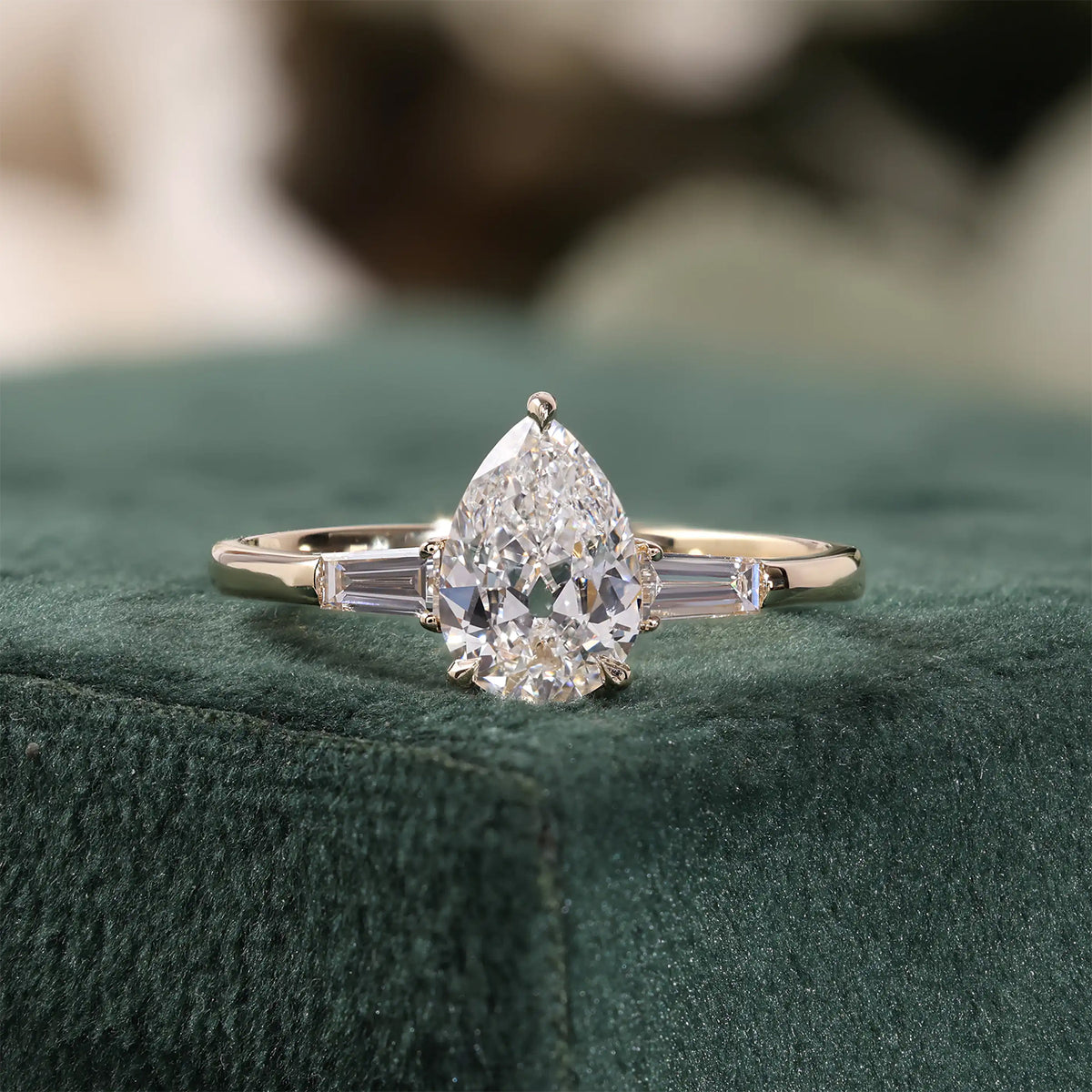 Pear Lab Grown Diamond Engagement Ring, Tapered Baguette Side Stones