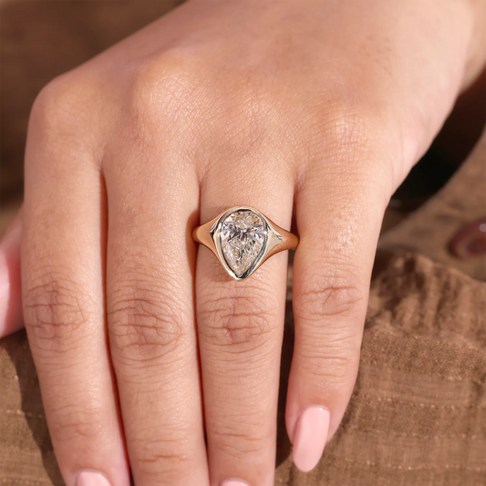Pear Cut Lab Grown Diamond Flush Bezel Signet Style Engagement Ring
