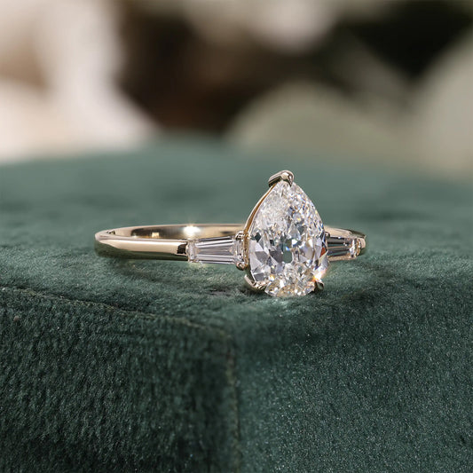 Pear Lab Grown Diamond Engagement Ring, Tapered Baguette Side Stones