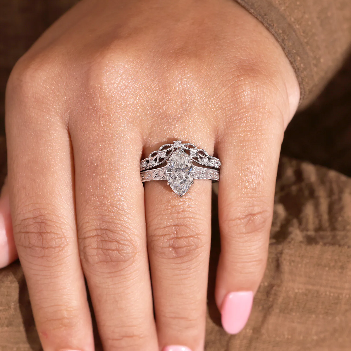 Vintage Marquise Cut Lab-Grown Diamond Bridal Set with Hand-Engraved Leaf Motif and Curved Tiara Band