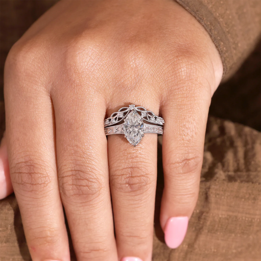 Vintage Marquise Cut Lab-Grown Diamond Bridal Set with Hand-Engraved Leaf Motif and Curved Tiara Band