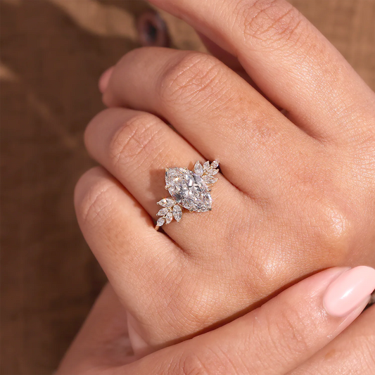 Marquise Lab Grown Diamond Ring, Floral Marquise Pear Cluster Sides