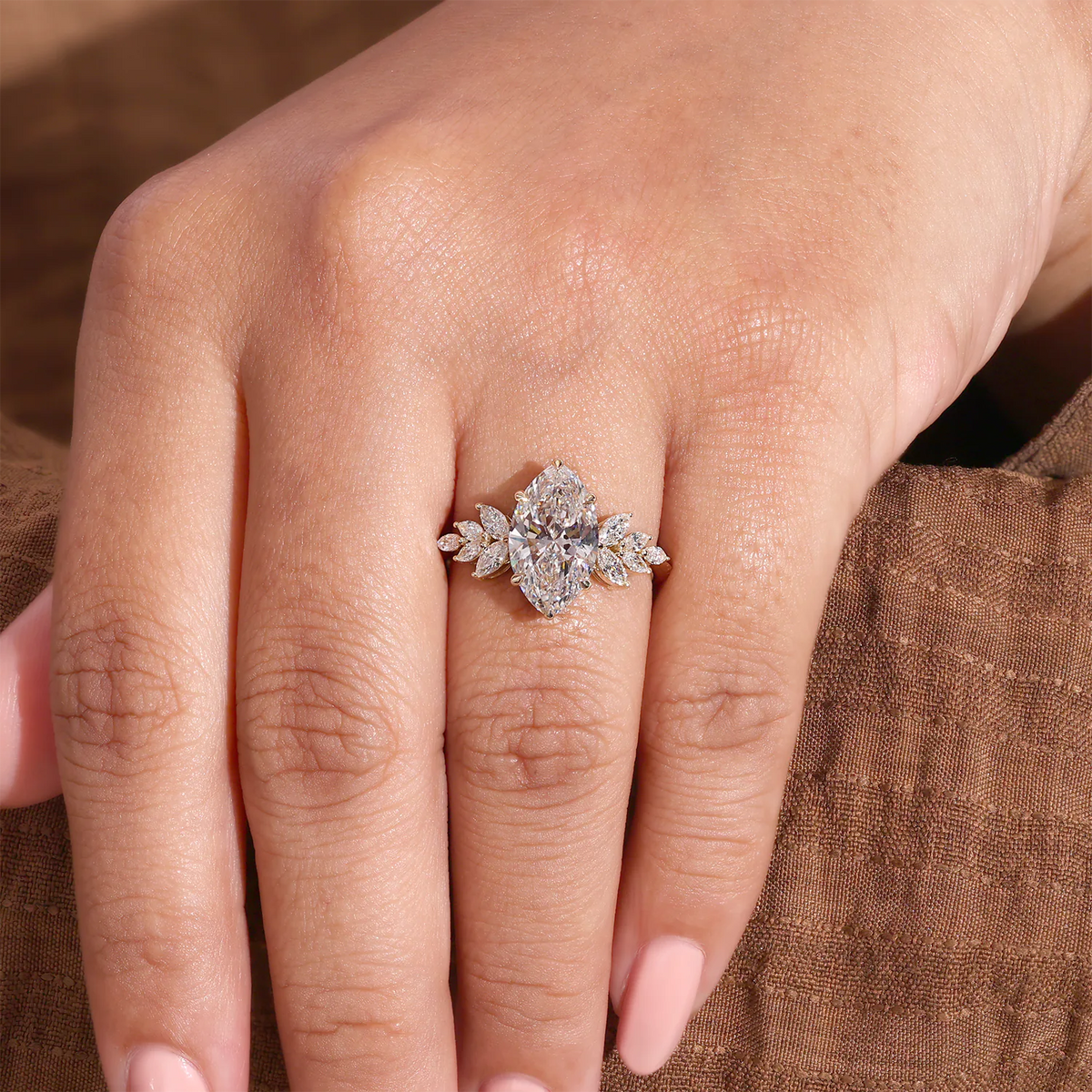 Marquise Lab Grown Diamond Ring, Floral Marquise Pear Cluster Sides