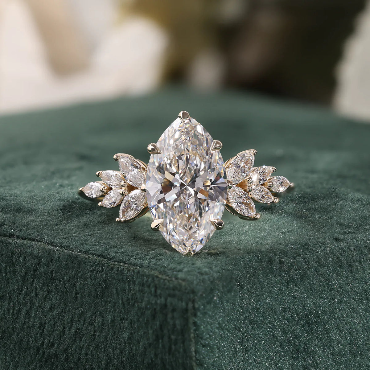 Marquise Lab Grown Diamond Ring, Floral Marquise Pear Cluster Sides